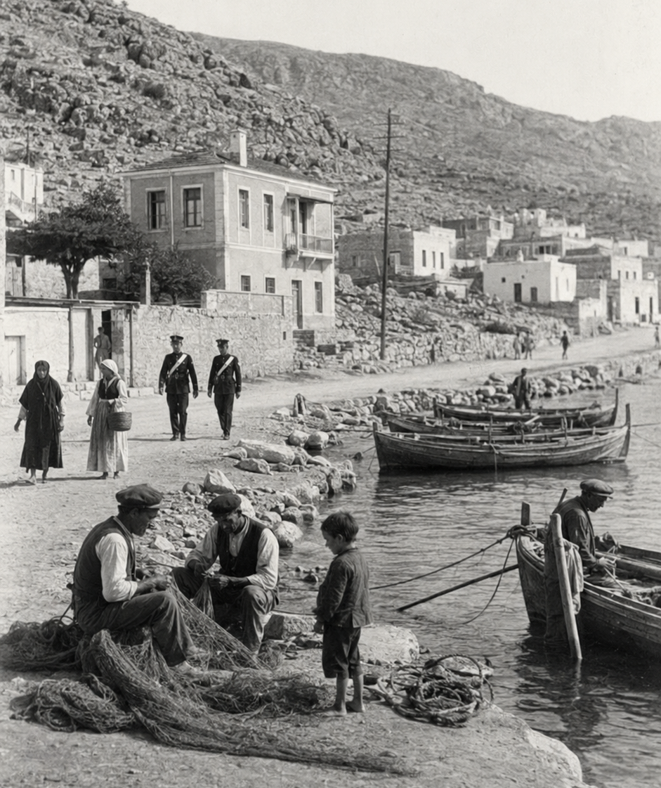 Porta blu decorata in un vicolo di un villaggio di Karpathos
