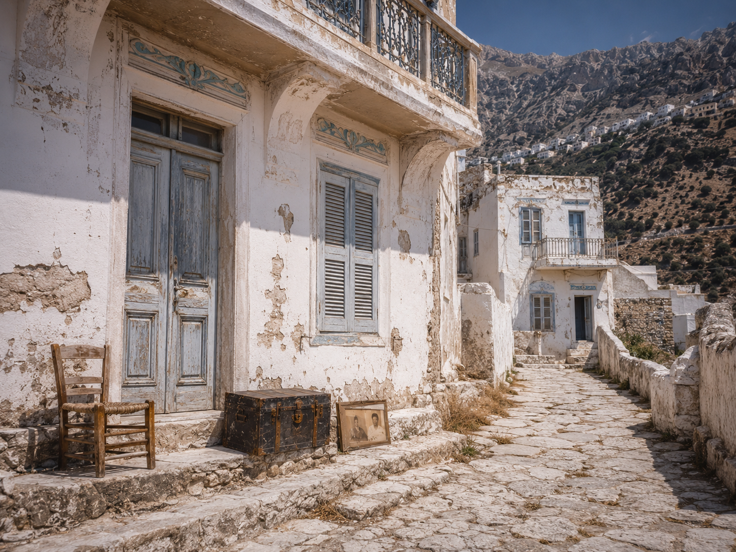 Scala esterna dipinta di bianco e blu in un vecchio vicolo di un villaggio karpatiaco