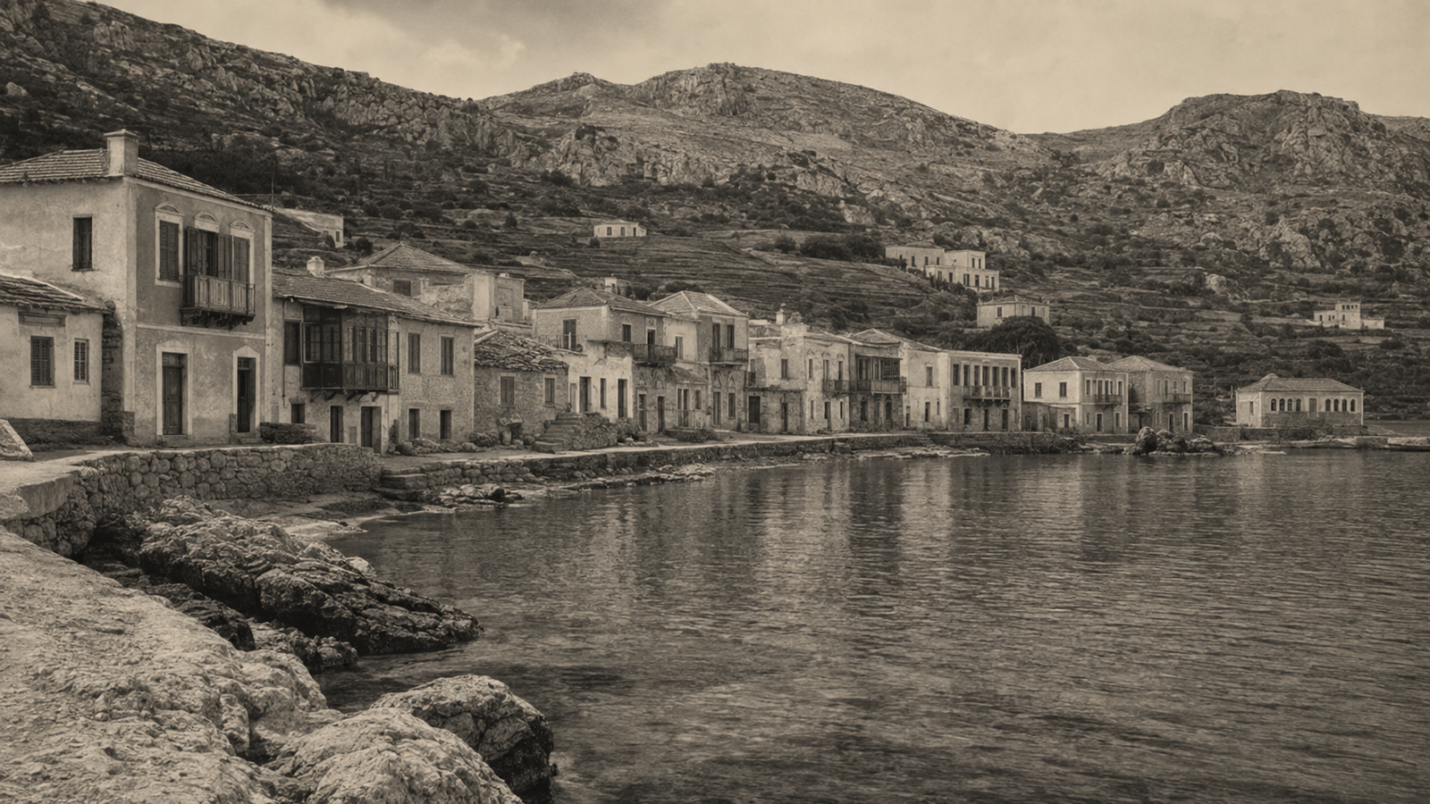 Fotografia storica in bianco e nero di un porto del Dodecaneso con pescatori e barche, primi del Novecento