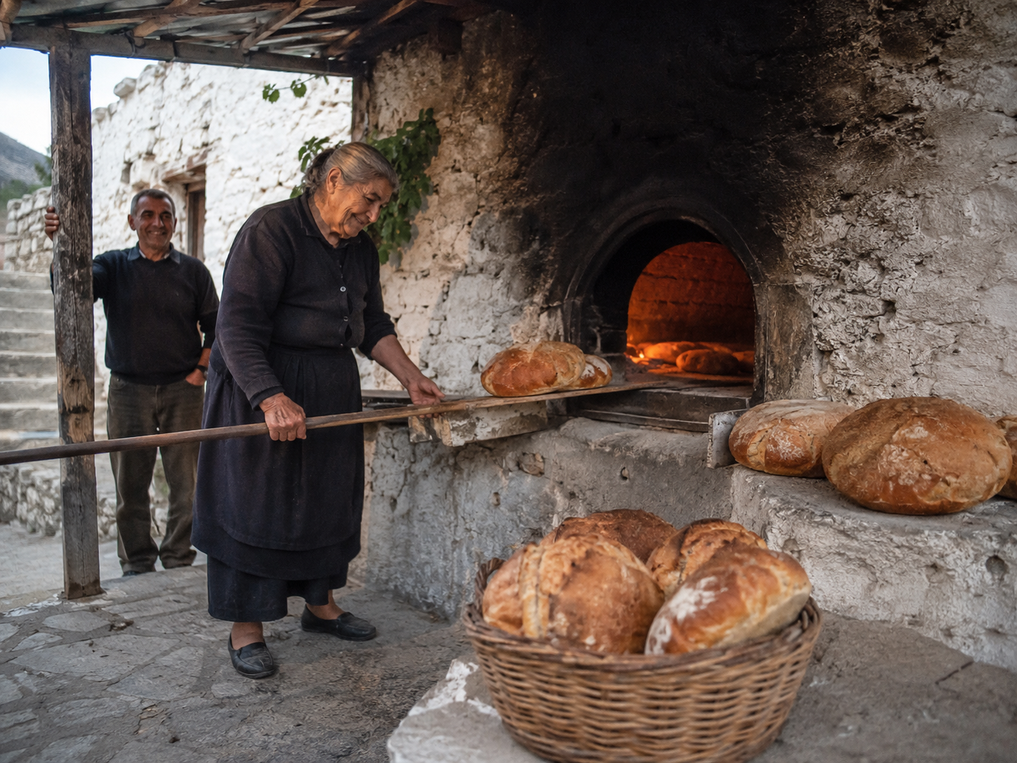 Pane tradizionale e prodotti tipici della cucina karpatiaca su un tavolo di legno
